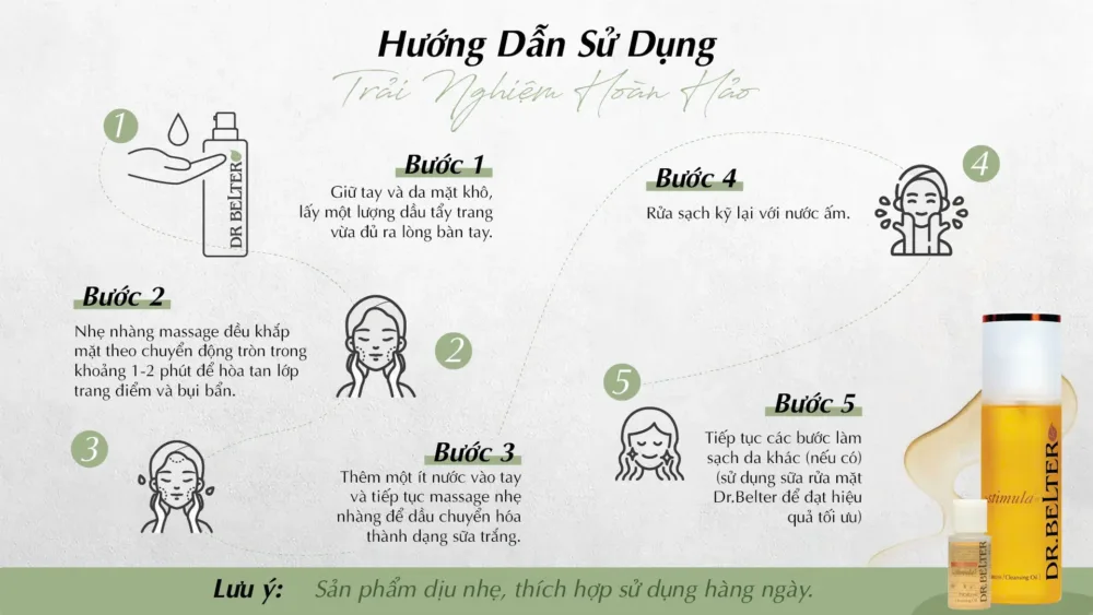 Dầu tẩy trang dịu nhẹ dành cho da lão hoá Dr.Belter 17 Các bước sử dụng dầu tẩy trang